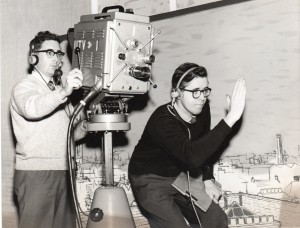 Cameraman Bob Brien and floor manager Roy Alcorn on set in Studio One