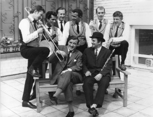 Acker Bilk and his Paramount Jazz Band on the roof of Ulster Television with interviewer Robert McLarnon