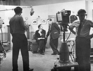 Ernie Strathdee (seated) with Malcolm Brodie in Ulster Television Studios early 1970s. photo by Bill Armstrong.