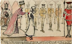  the cartoon of Queen Mary is taken from the autograph book from the First World War and Marie Claire is the Rostrevor woman who found all the memorabilia belonging to the ambulance driver Olive Swanzy.