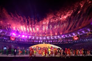 RIO DE JANEIRO, BRAZIL - AUGUST 05: Fireworks explode during the Opening Ceremony of the Rio 2016 Olympic Games at Maracana Stadium on August 5, 2016 in Rio de Janeiro, Brazil. (Photo by Cameron Spencer/Getty Images)