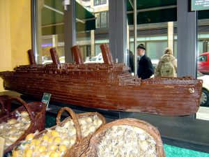 RMS Titanic made from chocolate on display in the famous Rausch chocolate shop in Berlin.